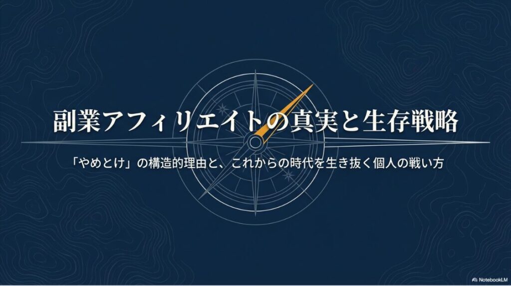 紺色の背景に羅針盤が描かれた画像。中央に「副業アフィリエイトの真実と生存戦略」、下部に「『やめとけ』の構造的理由と、これからの時代を生き抜く個人の戦い方」というタイトルが入っています。