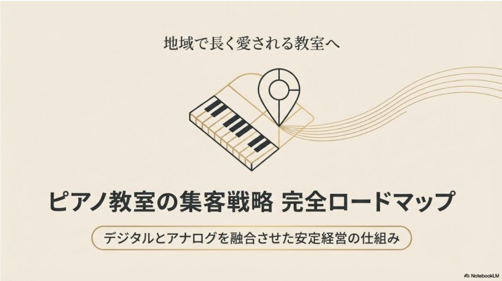 「地域で長く愛される教室へ ピアノ教室の集客戦略 完全ロードマップ デジタルとアナログを融合させた安定経営の仕組み」と書かれた表紙スライド。