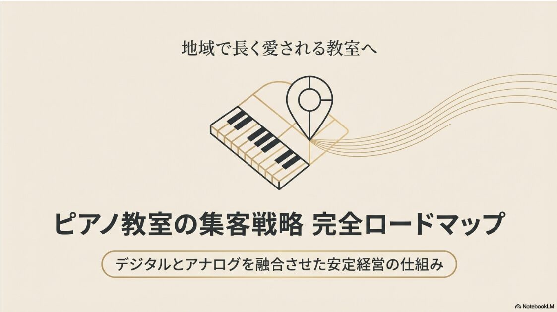 「地域で長く愛される教室へ ピアノ教室の集客戦略 完全ロードマップ デジタルとアナログを融合させた安定経営の仕組み」と書かれた表紙スライド。