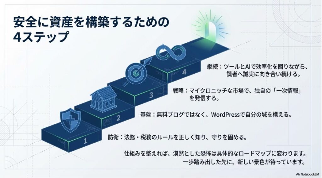 防衛、基盤、戦略、継続の4段階で安全にブログ資産を構築するロードマップ