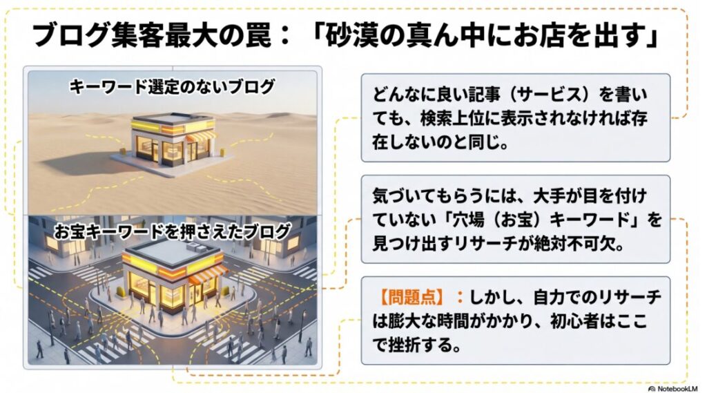 キーワード選定がない砂漠のお店と、お宝キーワードを押さえた人通りの多いお店の比較イメージ