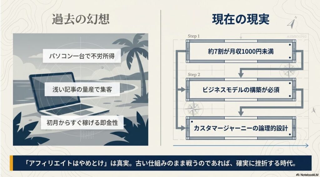 「過去の幻想(不労所得・量産)」と「現在の現実(7割が月収1000円未満)」を対比させた図。右側にはビジネスモデルの構築とカスタマージャーニーの設計が必須であるステップが示されています。