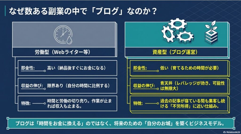 即金性は高いが時間に比例して限界がある「労働型」と、即金性は低いが収益が青天井で資産になる「ブログ運営」を比較した図。