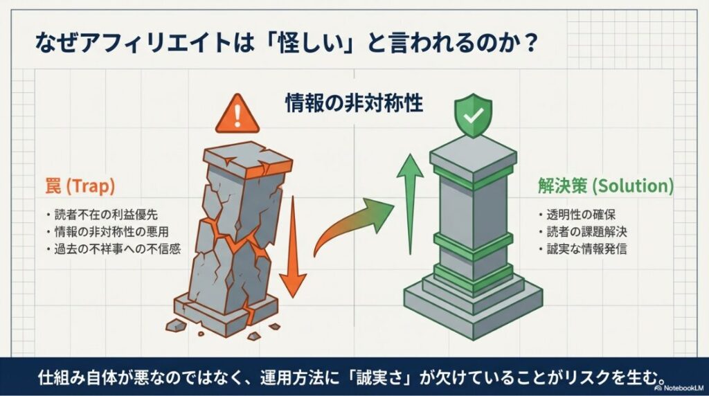 利益優先や情報の非対称性の悪用という罠に対し、透明性確保や課題解決で応える解決策の比較図