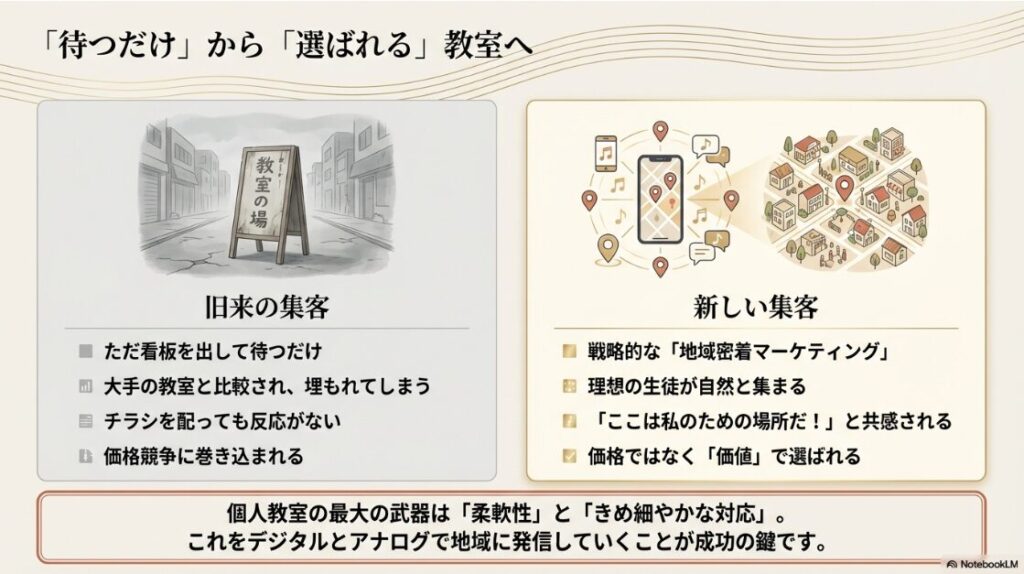 「待つだけ」から「選ばれる」教室への変化を、旧来の集客（看板のみ、価格競争）と戦略的な地域密着マーケティング（理想の生徒、価値で選ばれる）の対比で説明する図。