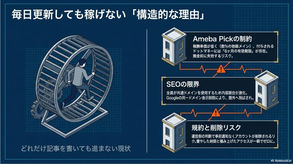 Ameba Pickの制約、SEOの限界、規約リスクを説明する図