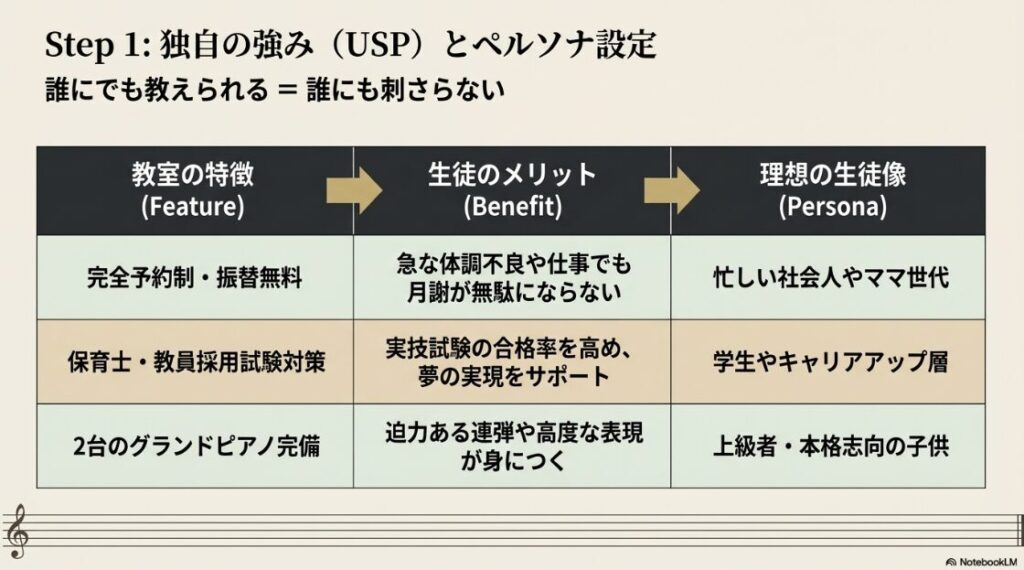 Step 1として、特徴、生徒のメリット、理想の生徒像（ペルソナ）を「完全予約制」「試験対策」「2台のグランドピアノ」の具体例でまとめた表。
