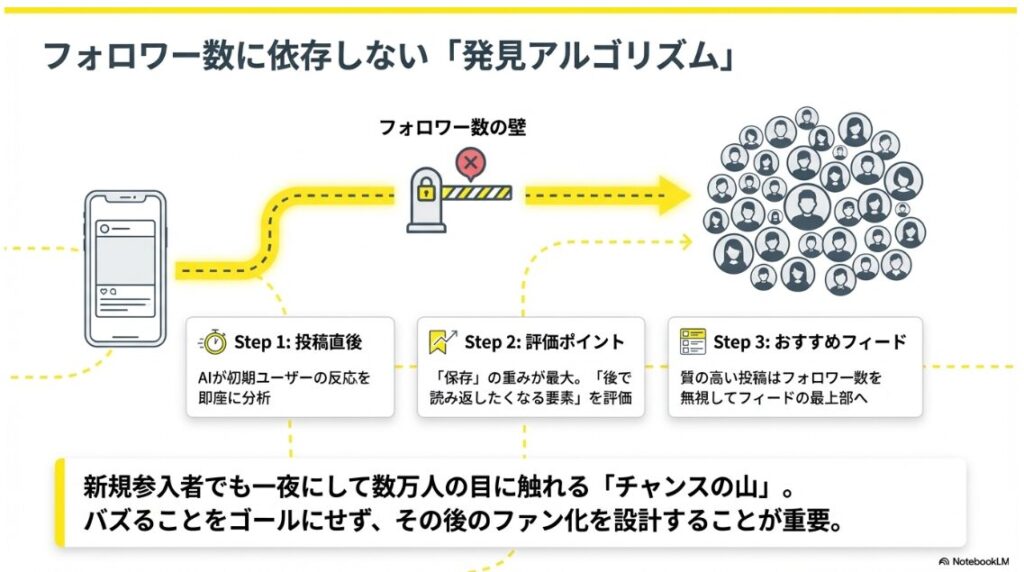 AIによる初期分析から保存重視の評価を経ておすすめフィードに乗るまでのステップ図