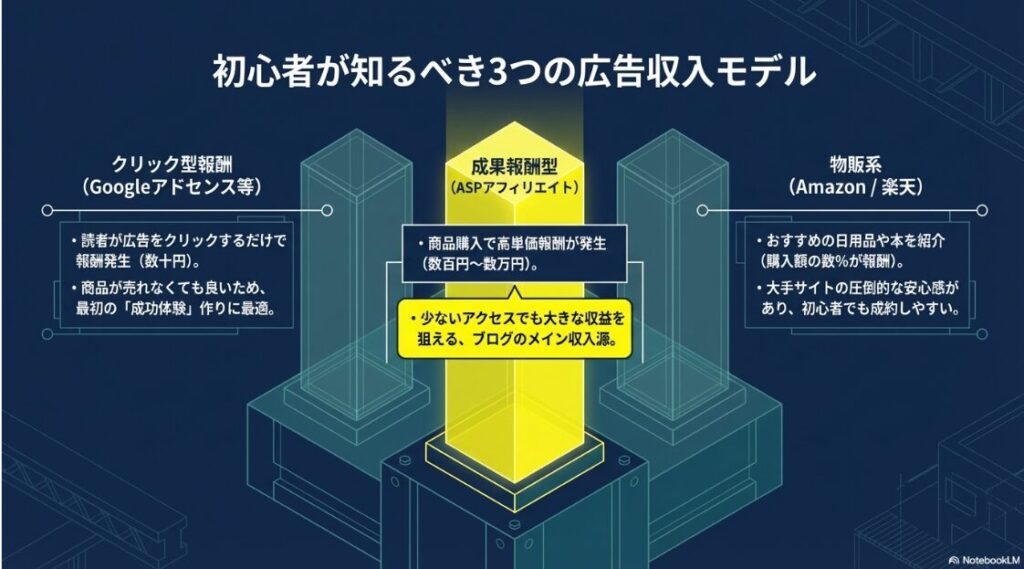 クリック型報酬、成果報酬型(ASPアフィリエイト)、物販系の3つの仕組みと特徴を解説した図。