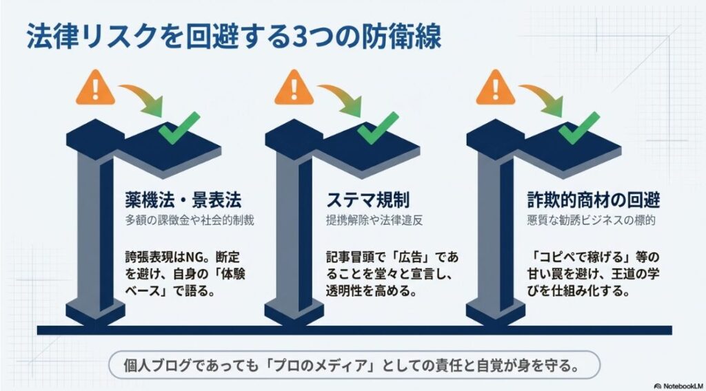 薬機法・景表法、ステマ規制、詐欺的商材の回避という3つの防衛線と具体的な対策を示した図解