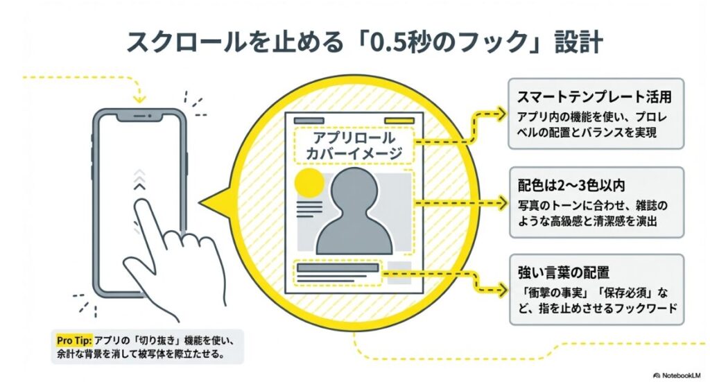 スマートテンプレートや配色、フックワードを用いたカバー画像の構成要素の解説図
