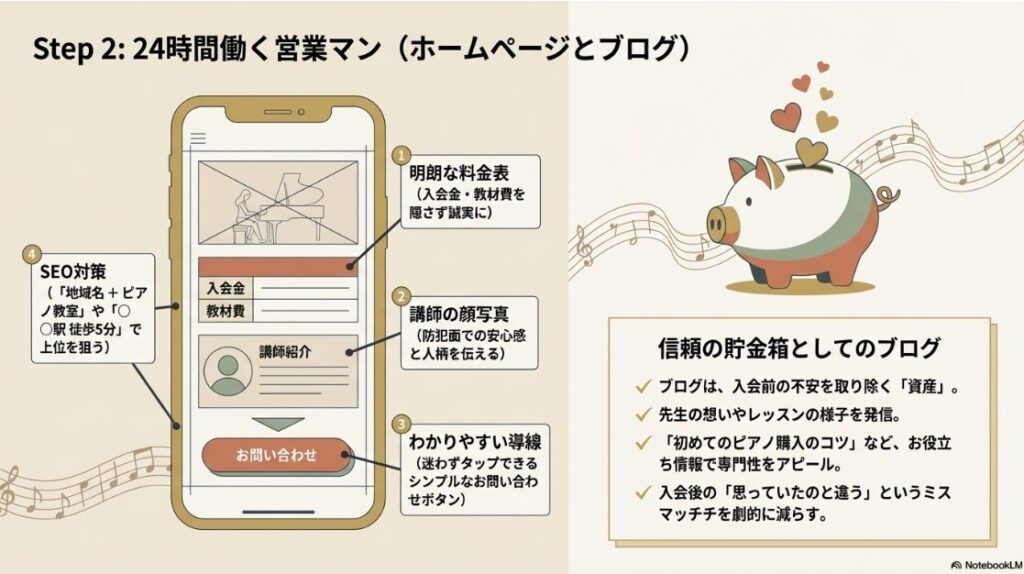 Step 2として、Webサイトに必要な要素（SEO対策、料金表、写真、導線）と、ブログを「信頼の貯金箱」として活用し、入会前の不安を取り除くメリットを解説する図。