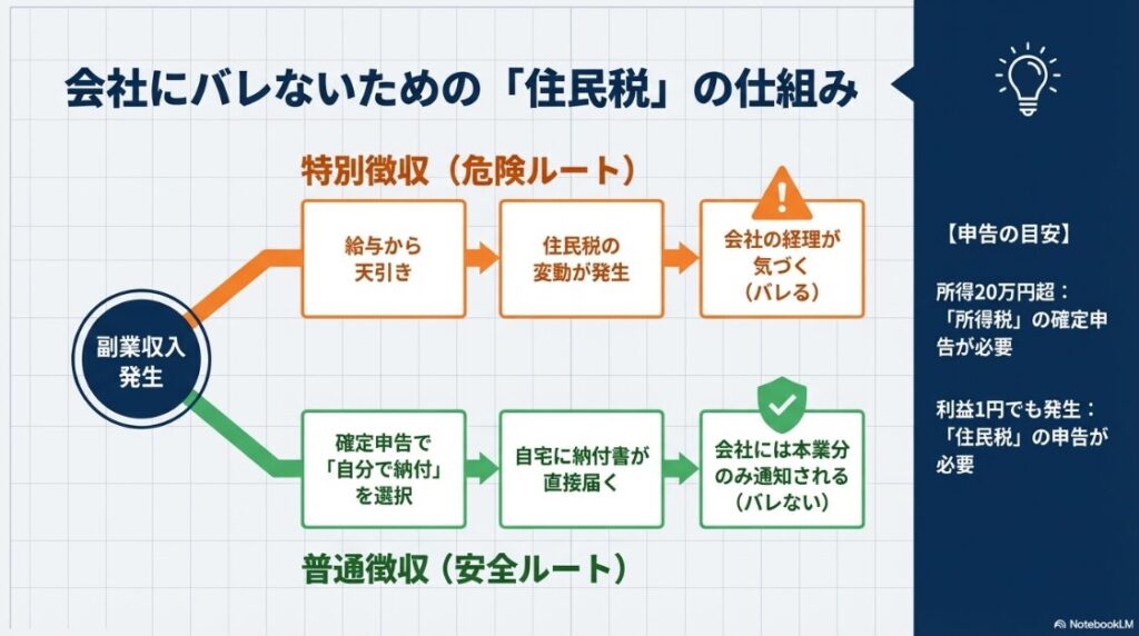特別徴収によるバレるルートと、普通徴収を選択してバレないルートを比較したフローチャート