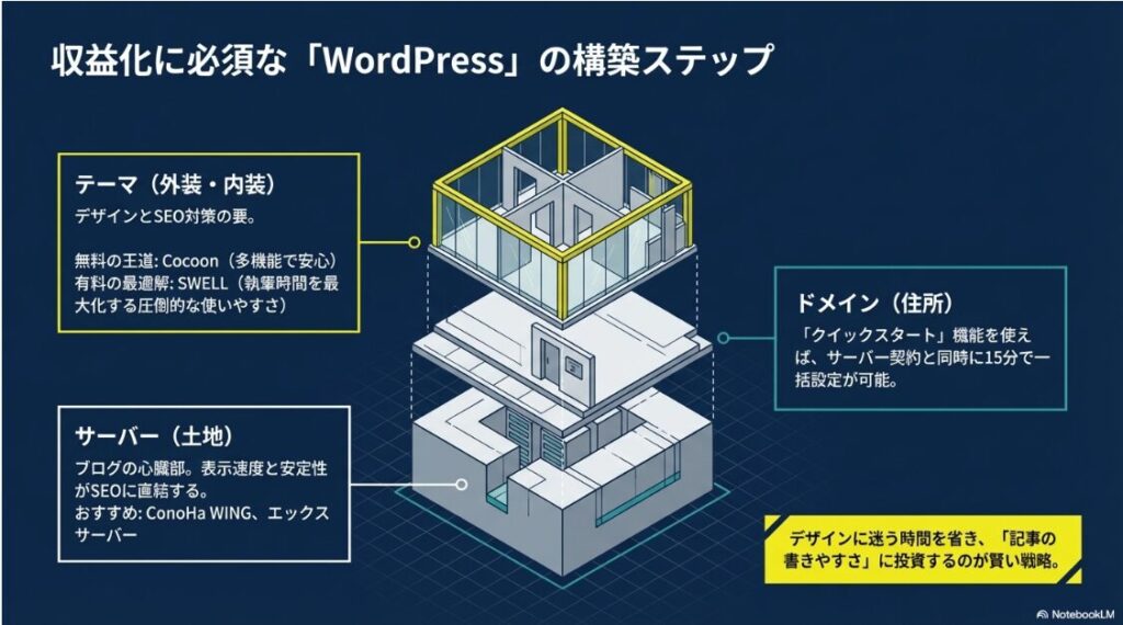 サーバー(土地)、ドメイン(住所)、テーマ(外装・内装)の関係性を家づくりに例えて解説した図。