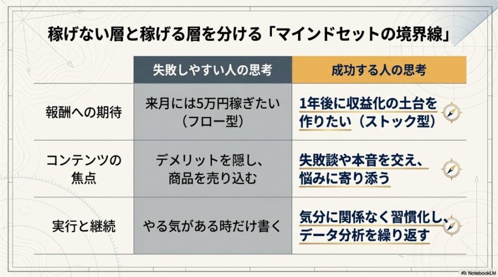 「報酬への期待」「コンテンツの焦点」「実行と継続」の3項目について、失敗しやすい人のフロー型思考と、成功する人のストック型思考をわかりやすく比較した表です。