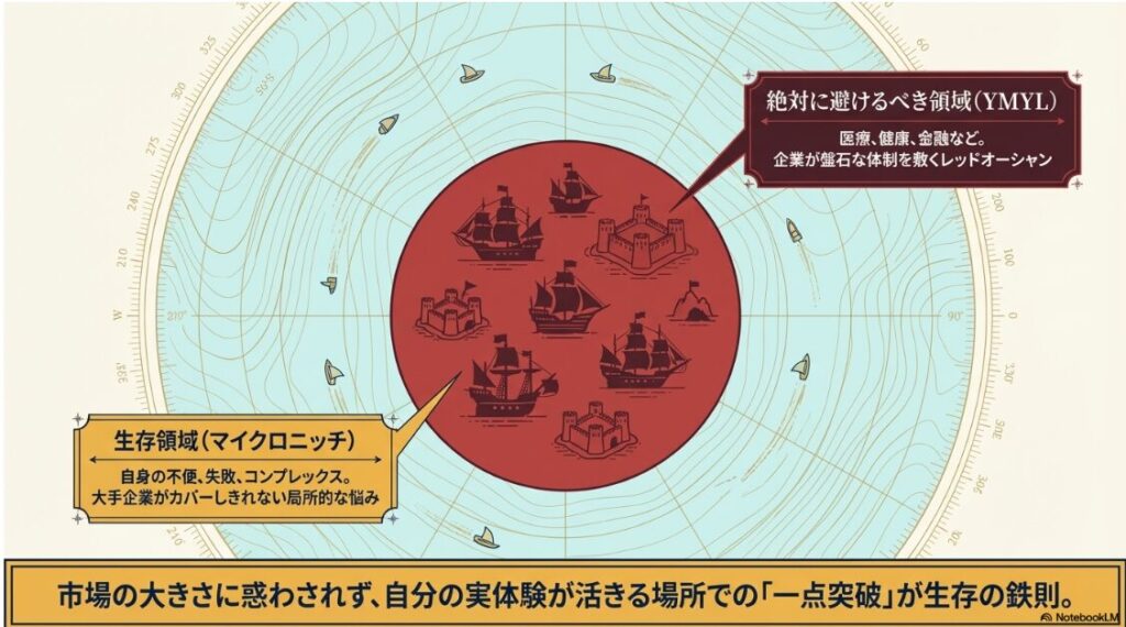 海図のような背景。中央の赤い円が「絶対に避けるべき領域（YMYL）」、その外側の青い領域が「生存領域（マイクロニッチ）」として、自身の体験を活かす一点突破を推奨しています。