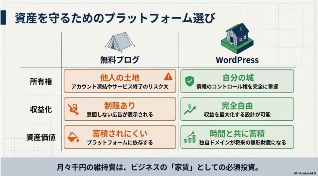 無料ブログとWordPressの所有権、収益化、資産価値の違いをまとめた比較表