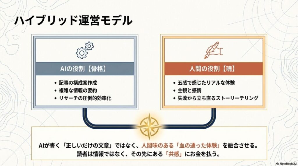 AIが「骨格(構成・要約・効率化)」を、人間が「魂(体験・感情・ストーリー)」を分担し、読者の「共感」を生むための役割分担を示した図解です。