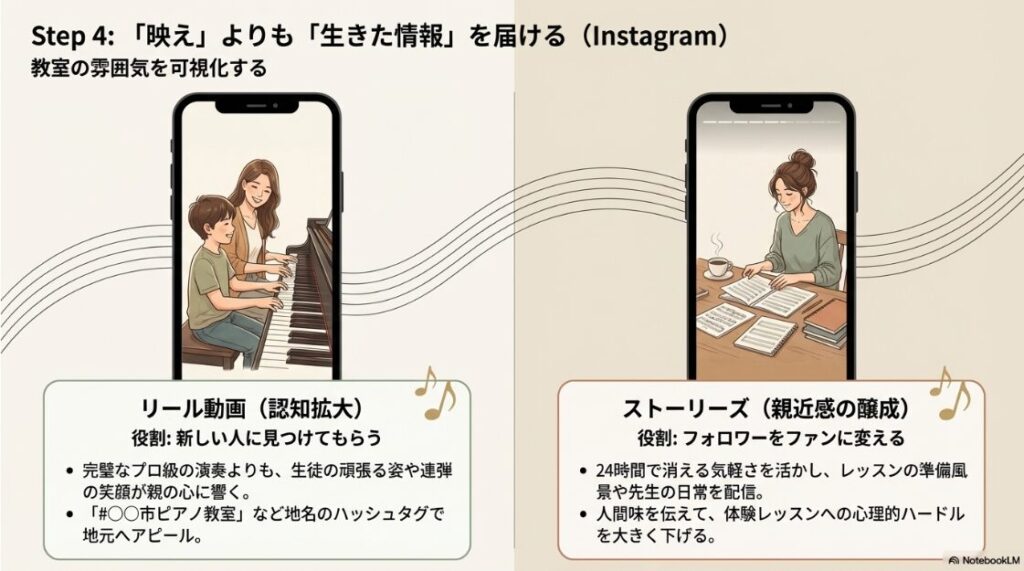 Step 4として、認知を広げるリール動画と、親近感を醸成するストーリーズの役割の違いを、具体例（練習風景、準備風景など）とともに解説する図。