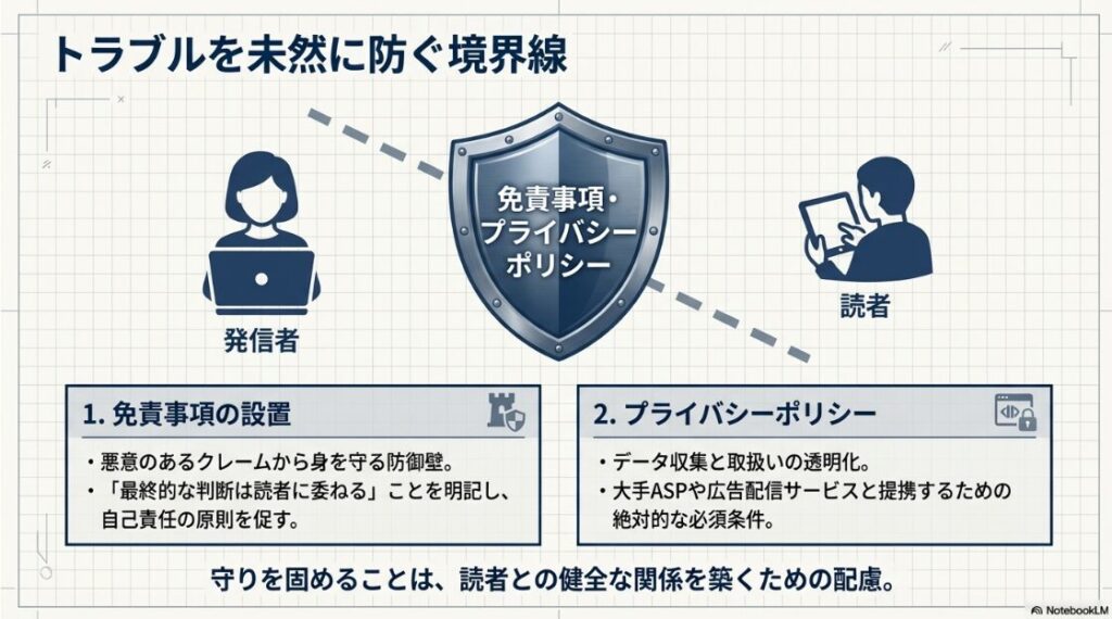免責事項とプライバシーポリシーの設置により、発信者と読者の健全な境界線を築く仕組みの解説