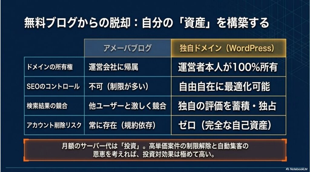 ドメイン所有権、SEO、削除リスクにおけるアメブロとWordPressの比較