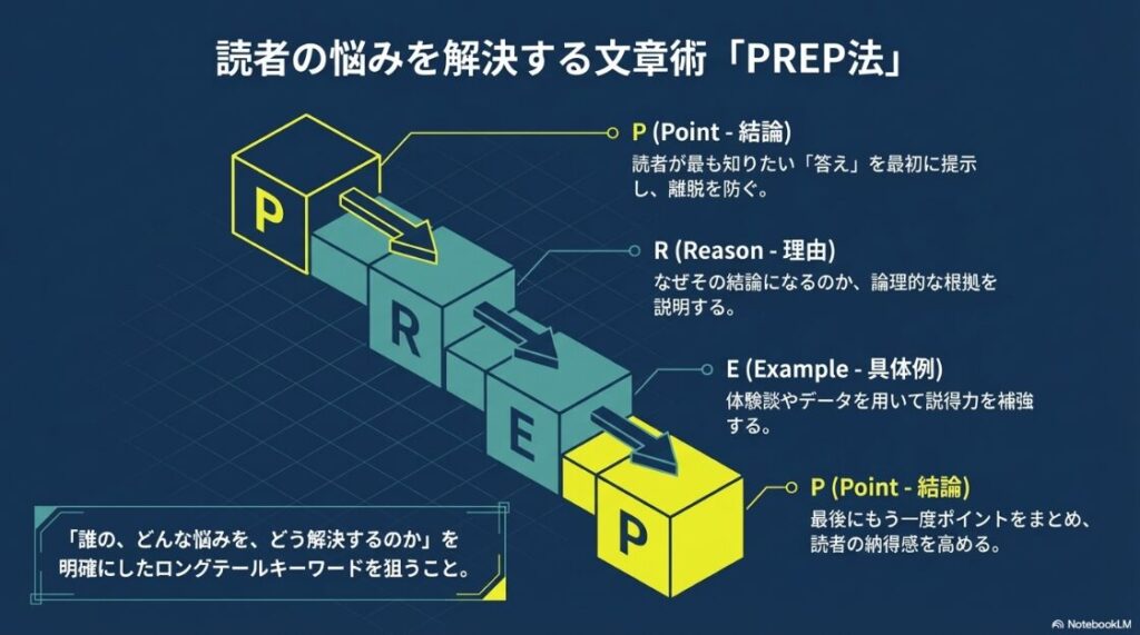 P(結論)、R(理由)、E(具体例)、P(結論)の順で構成される文章の型をステップごとに示した図。