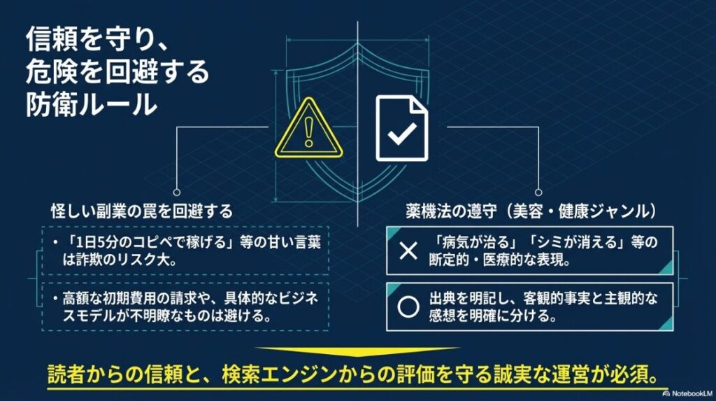 怪しい副業の罠の見分け方と、美容・健康ジャンルにおける薬機法の遵守事項をまとめた図。