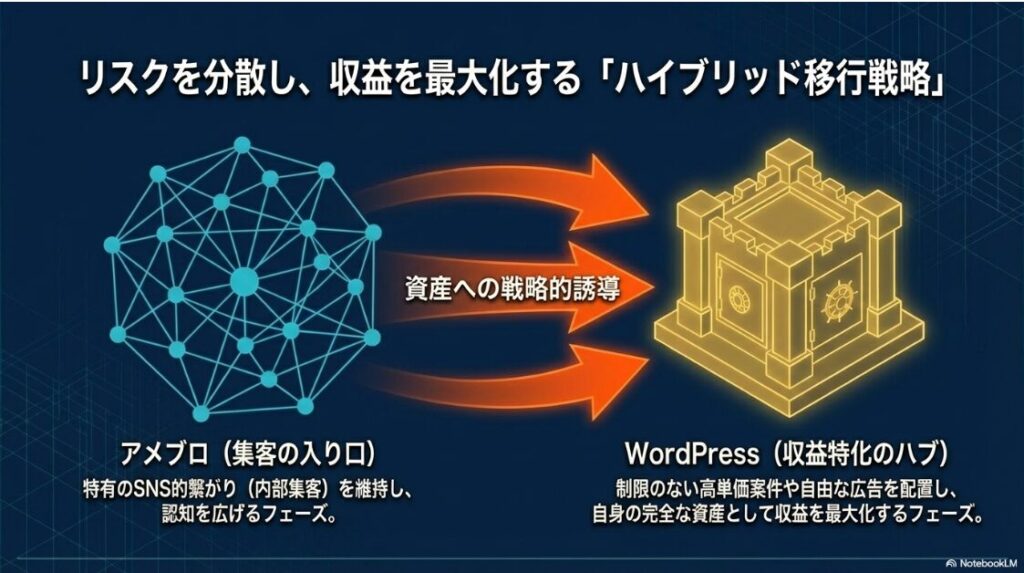 客のアメブロと収益のWordPressを組み合わせた戦略的誘導のイメージ 