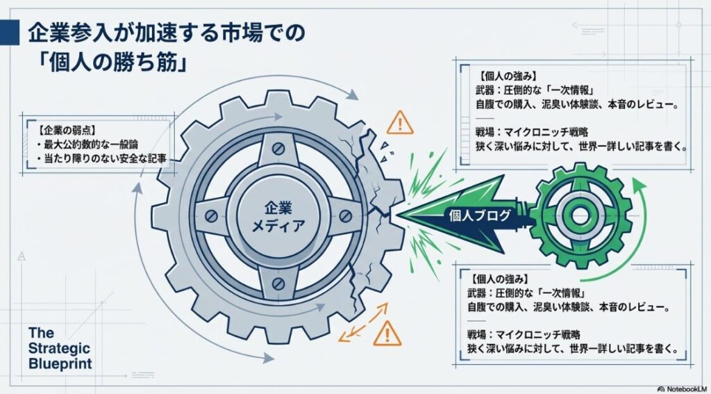 企業の弱点と個人の強みを比較し、一次情報とマイクロニッチ戦略で勝つ仕組みの図解