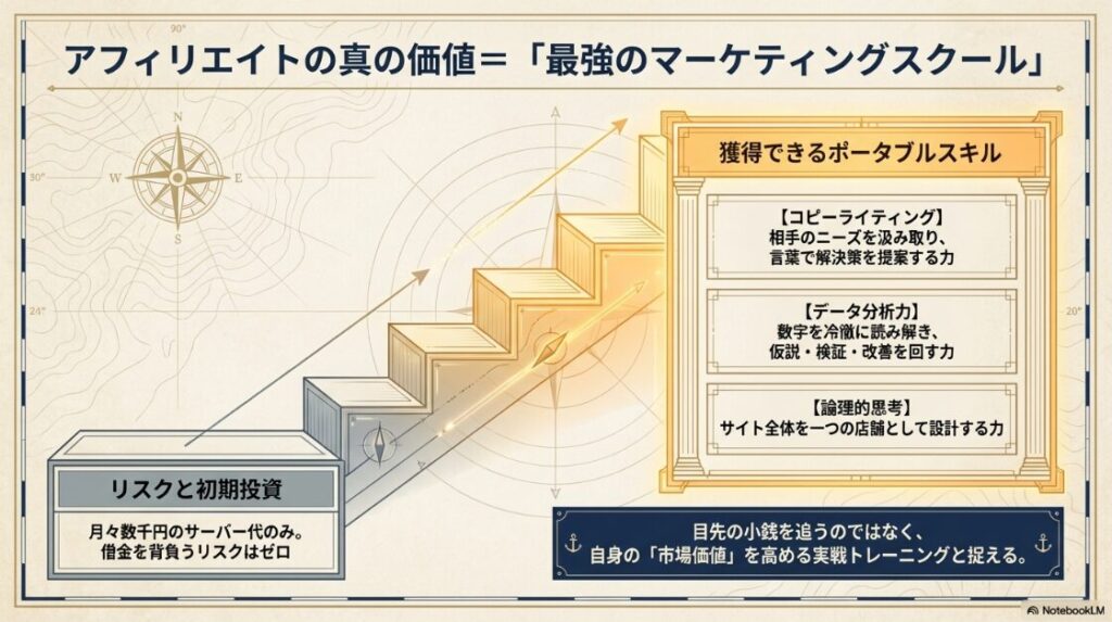 階段を登るイラスト。コピーライティング、データ分析力、論理的思考といった一生モノのスキルが学べる「最強のマーケティングスクール」としての価値を説明しています。