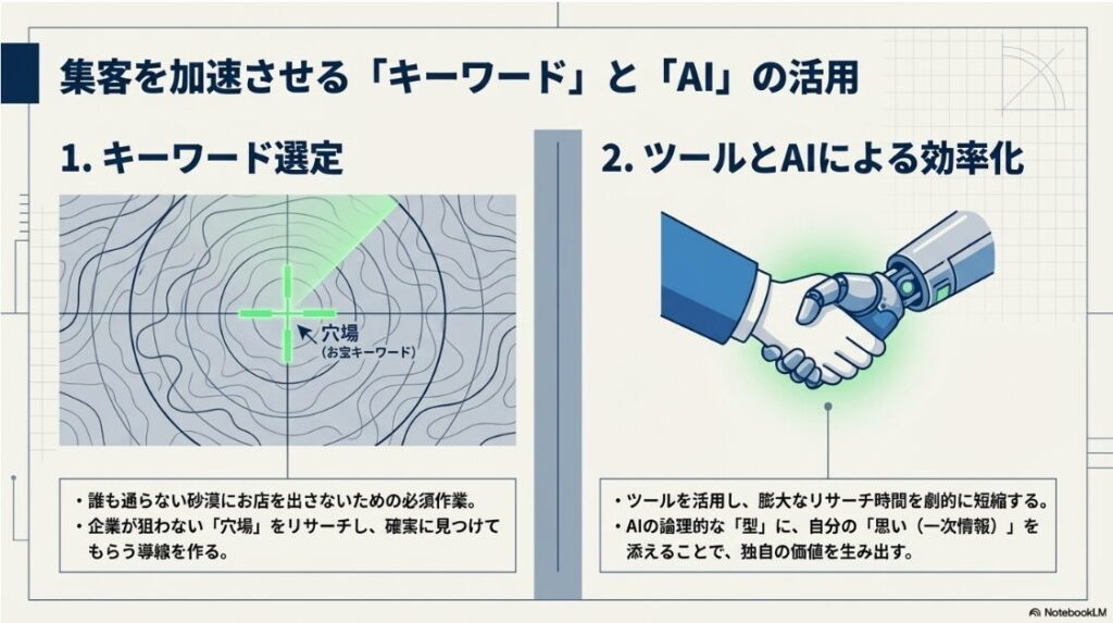 お宝キーワードのリサーチとAI活用により、集客の効率と質を向上させる仕組みのイメージ図