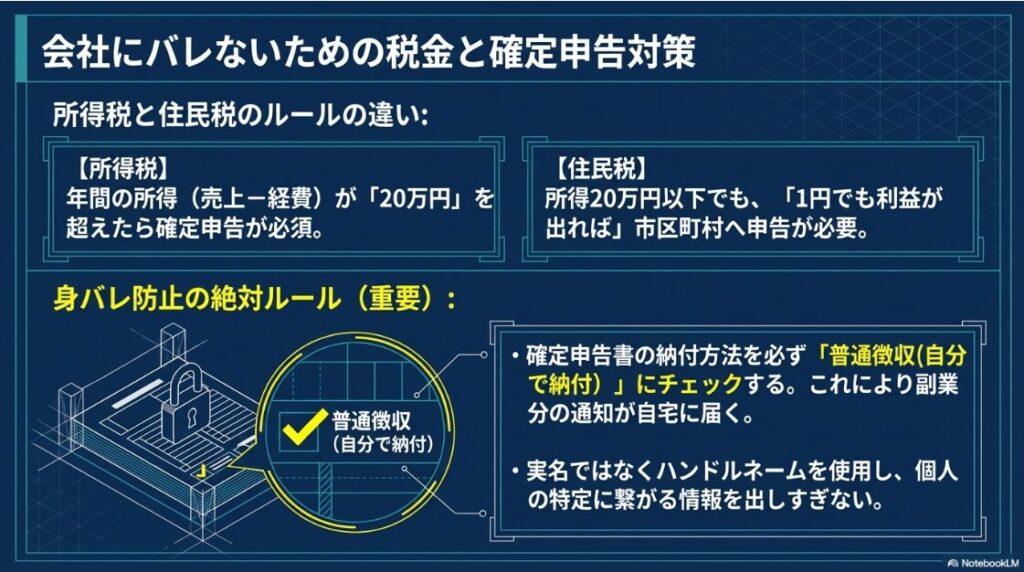 所得税と住民税の申告ルールの違いと、身バレ防止の「普通徴収(自分で納付)」のポイントを解説した図。