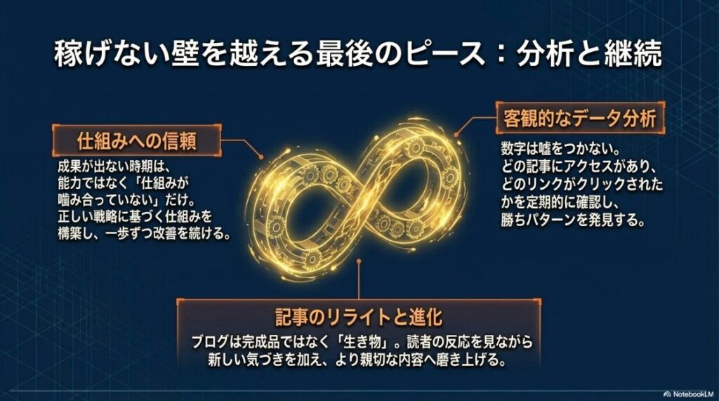 仕組みへの信頼、客観的なデータ分析、記事のリライトを説明する図