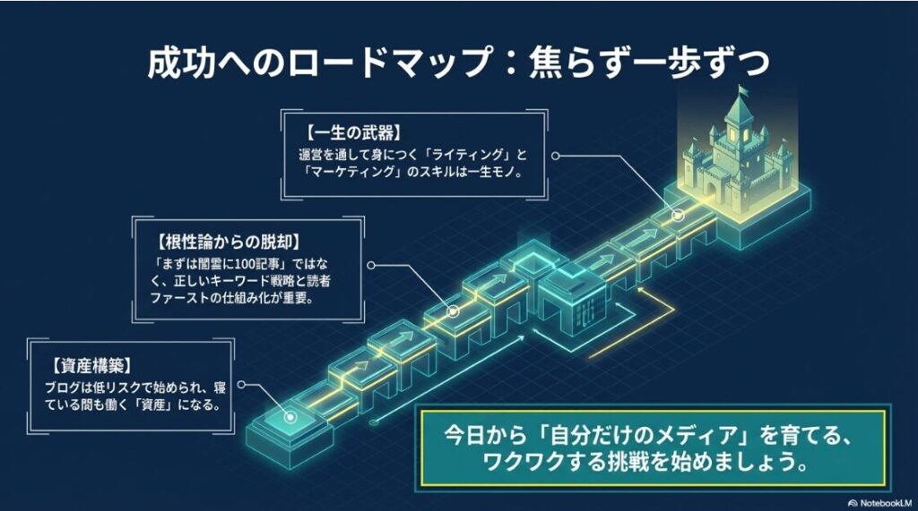 一生の武器になるスキル、根性論からの脱却、資産構築の3つの視点から成功への道をまとめた最終スライド。