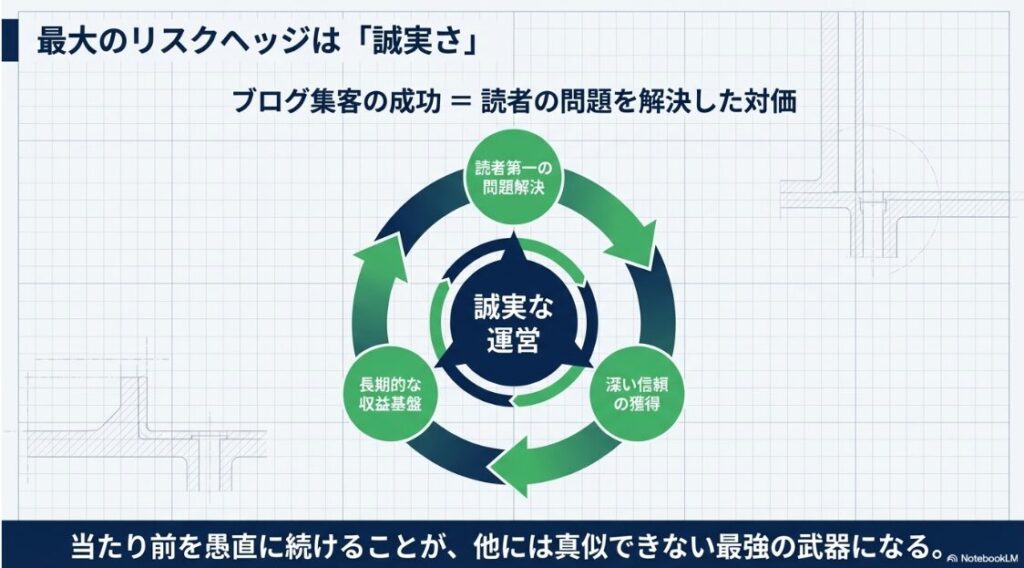 読者第一の問題解決、信頼獲得、長期的な収益基盤という誠実な運営のサイクル図