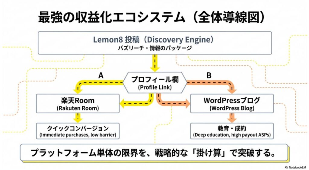 Lemon8投稿からプロフィールを経由し、楽天Roomやブログへ繋がる全体の動線設計図