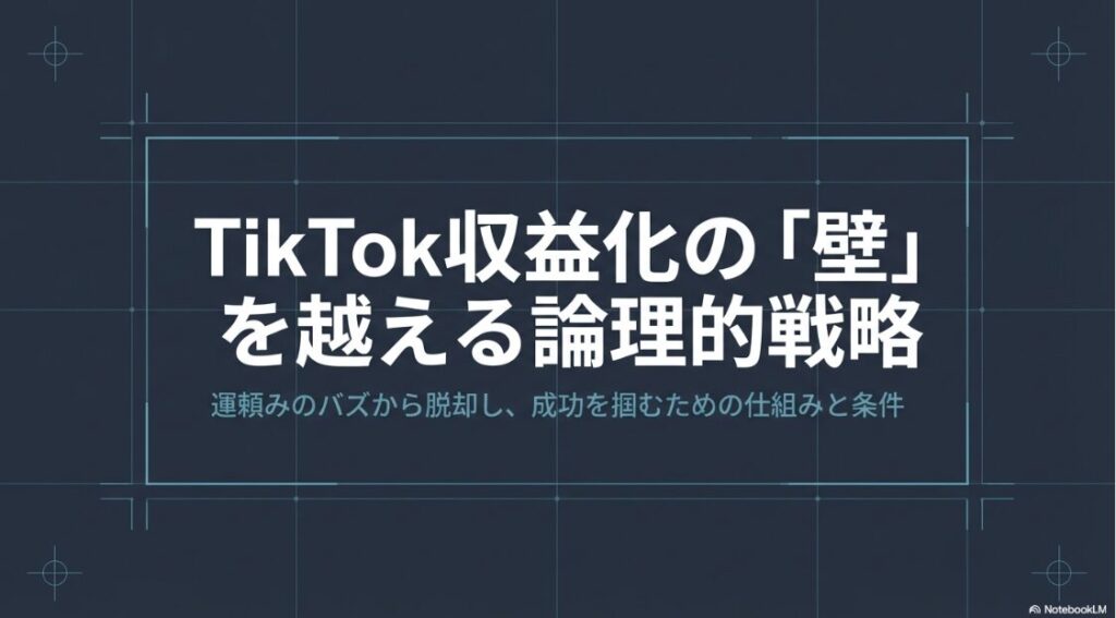 TikTok収益化の壁を越えるための論理的戦略と、運頼みのバズから脱却する仕組みを解説するメインスライドです 。