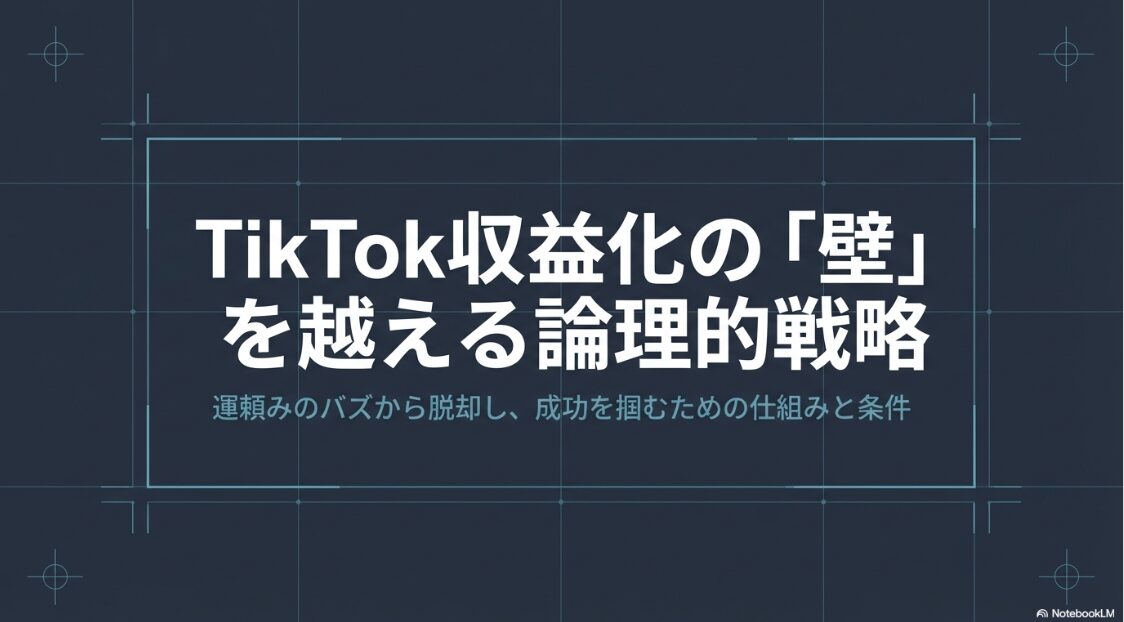 TikTok収益化の壁を越えるための論理的戦略と、運頼みのバズから脱却する仕組みを解説するメインスライドです 。