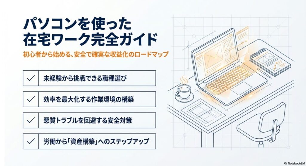 パソコンを使った在宅ワーク完全ガイドの表紙スライド。初心者から始める、安全で確実な収益化のロードマップという副題と共に、未経験からの職種選び、環境構築、安全対策、資産構築へのステップアップといった記事の主要トピックが箇条書きで示されている 。