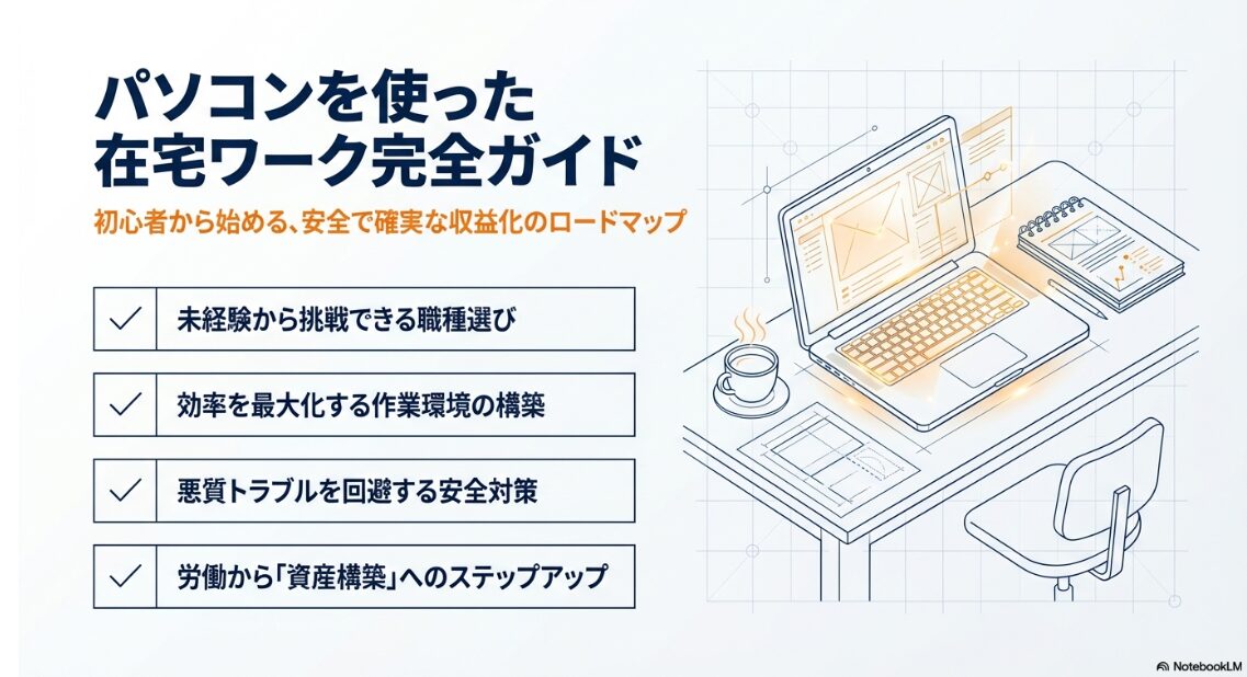 パソコンを使った在宅ワーク完全ガイドの表紙スライド。初心者から始める、安全で確実な収益化のロードマップという副題と共に、未経験からの職種選び、環境構築、安全対策、資産構築へのステップアップといった記事の主要トピックが箇条書きで示されている 。
