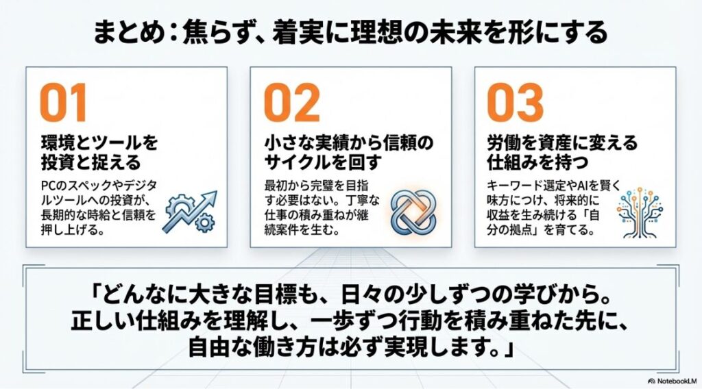 記事全体の要約スライド。1つ目に環境とツールを投資と捉えること、2つ目に小さな実績から信頼のサイクルを回すこと、3つ目に労働を資産に変える仕組みを持つことの重要性をまとめ、自由な働き方の実現を後押しするメッセージを記している 。