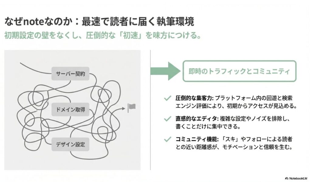 サーバー契約やドメイン取得の壁をなくし、書くことに集中できるnoteのメリットを解説する比較図解