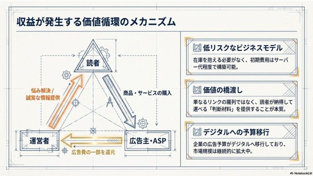 運営者、読者、広告主が協力し、誠実な情報提供から収益が生まれる流れを示した図解です