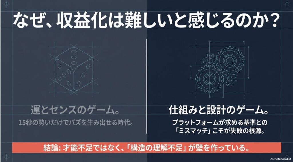 収益化が難しい原因が、才能不足ではなくプラットフォームとのミスマッチや構造の理解不足にあることを示す分析スライドです 。