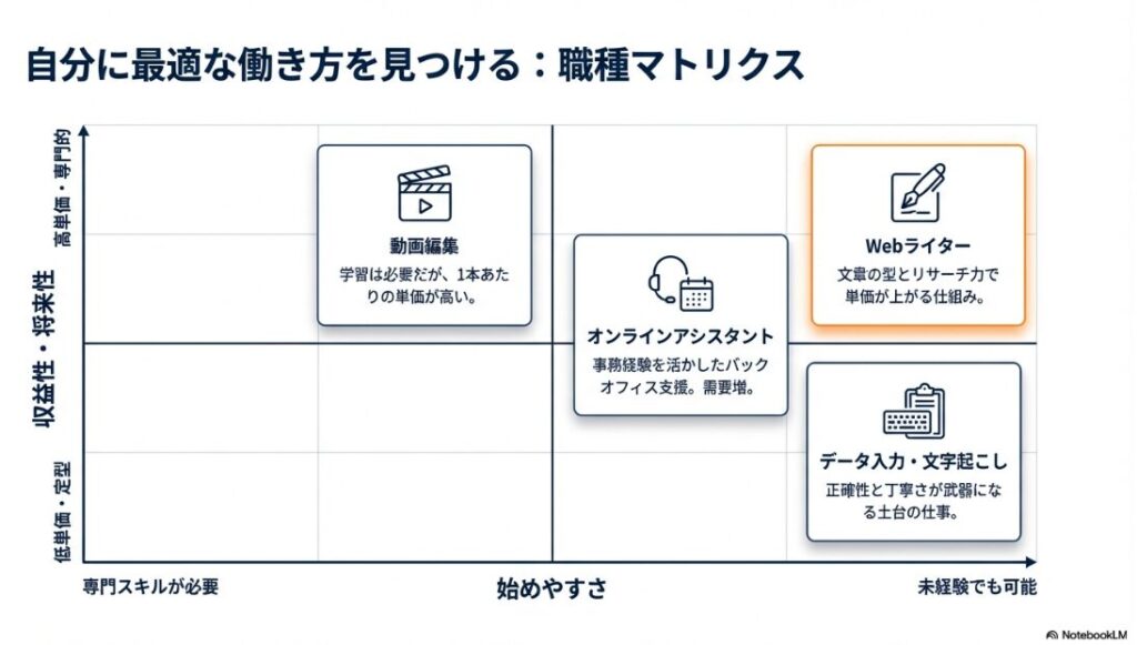 在宅ワークの主な職種を、収益性・将来性と始めやすさの2軸で分類したマトリクス図。動画編集、Webライター、オンラインアシスタント、データ入力・文字起こしの4職種が、専門スキルの必要性や単価の高さに応じて配置されている 。