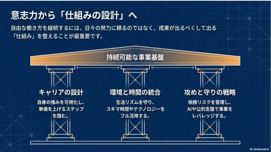 キャリアの設計、環境と時間の統合、攻めと守りの戦略という3つの要素を解説した概念図。