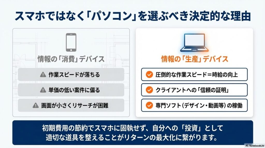 スマホを情報の消費デバイス、パソコンを情報の生産デバイスとして対比させた比較図。スマホのデメリットとして作業スピードの低下や画面の小ささを挙げ、パソコンのメリットとして時給の向上や信頼の証明、専門ソフトの稼働を強調している 。