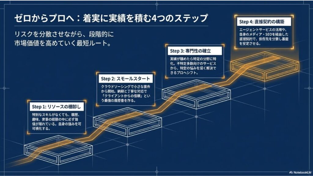 リソースの棚卸しから、スモールスタート、専門性の確立、直接契約の構築までを示したロードマップ。