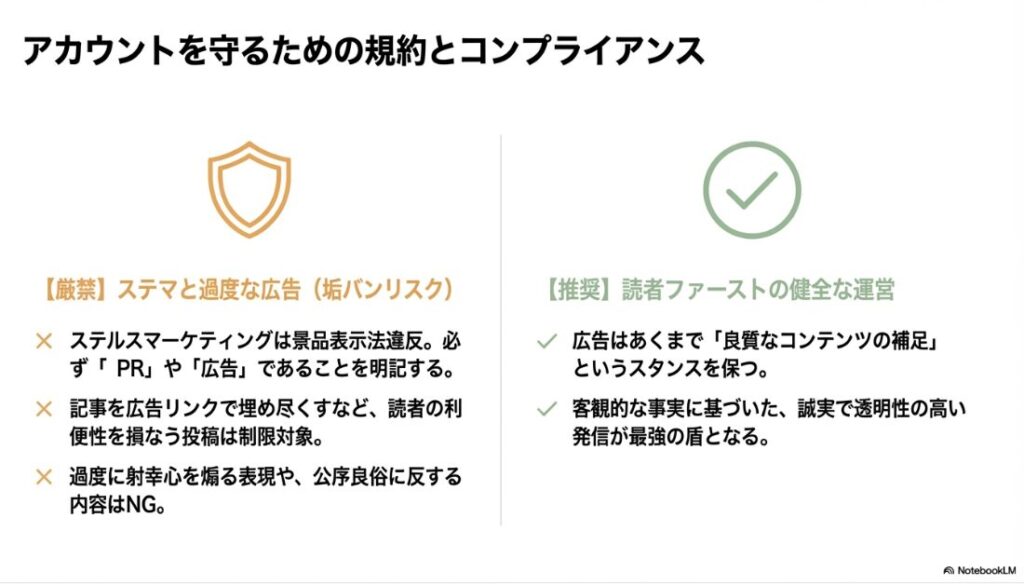 ステマ禁止や過度な広告制限など、アカウント停止を防ぐためのルールと誠実な運営方針をまとめたリスト