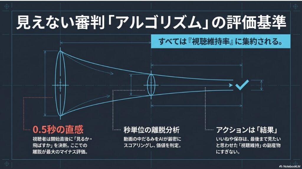 視聴維持率が重要であることを示し、開始0.5秒の直感や秒単位の離脱分析、アクションの関係性を説明する図解です 。